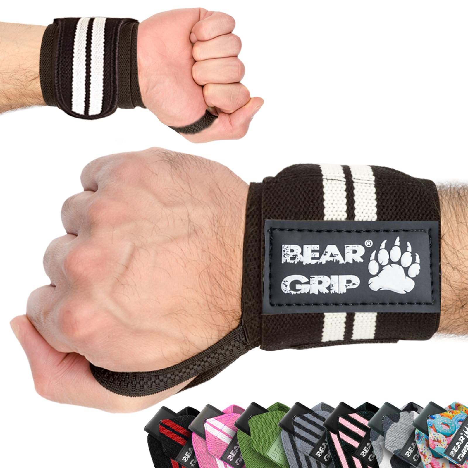 BEAR GRIP Weight Lifting Wrist Wraps for Gym – Heavy Duty Wrist Support Straps for Weightlifting, Powerlifting & CrossFit – Adjustable 18" Wrist Wraps for Men & Women (Sold in Pairs)