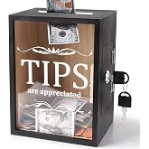 Yamahiko Wooden Tips Jar Tip Collection Box with Lock 6 x 4&frac34; x 7&frac34; Inch Money Coin Storage Container Donation Collection Suggestion Raffle Cash Box Jar for Restaurants Musicians Bartender Bars Driver