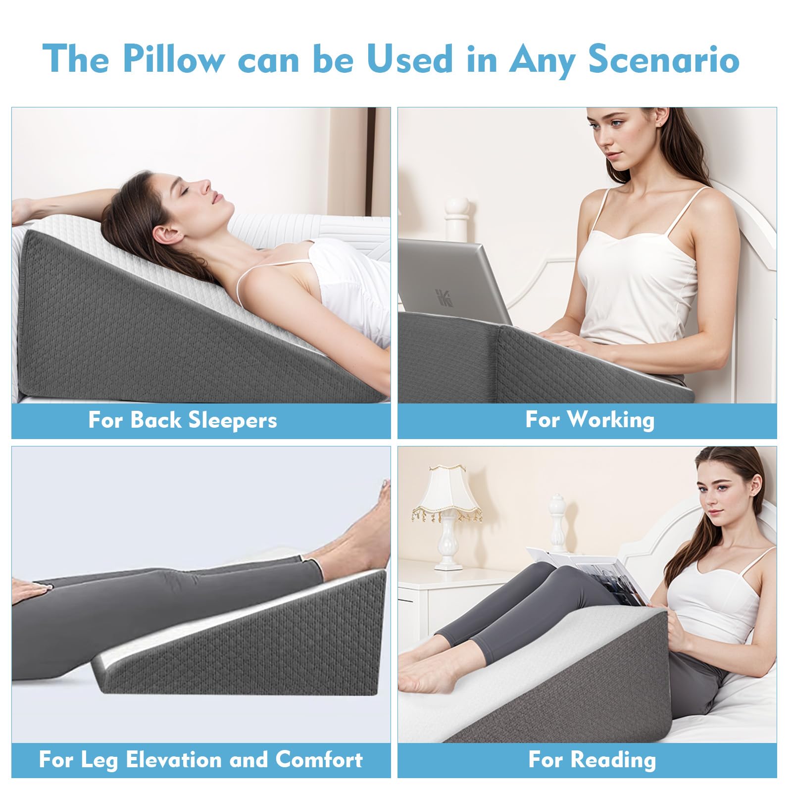 Wedge Pillow for Sleep Apnea, 12 Inch Bed Wedge Pillow for Headboard, Headboard Triangle Pillow Wedge for Acid Reflux, After Surgery, Snoring, Cooling Memory Foam Top, Removable Cover