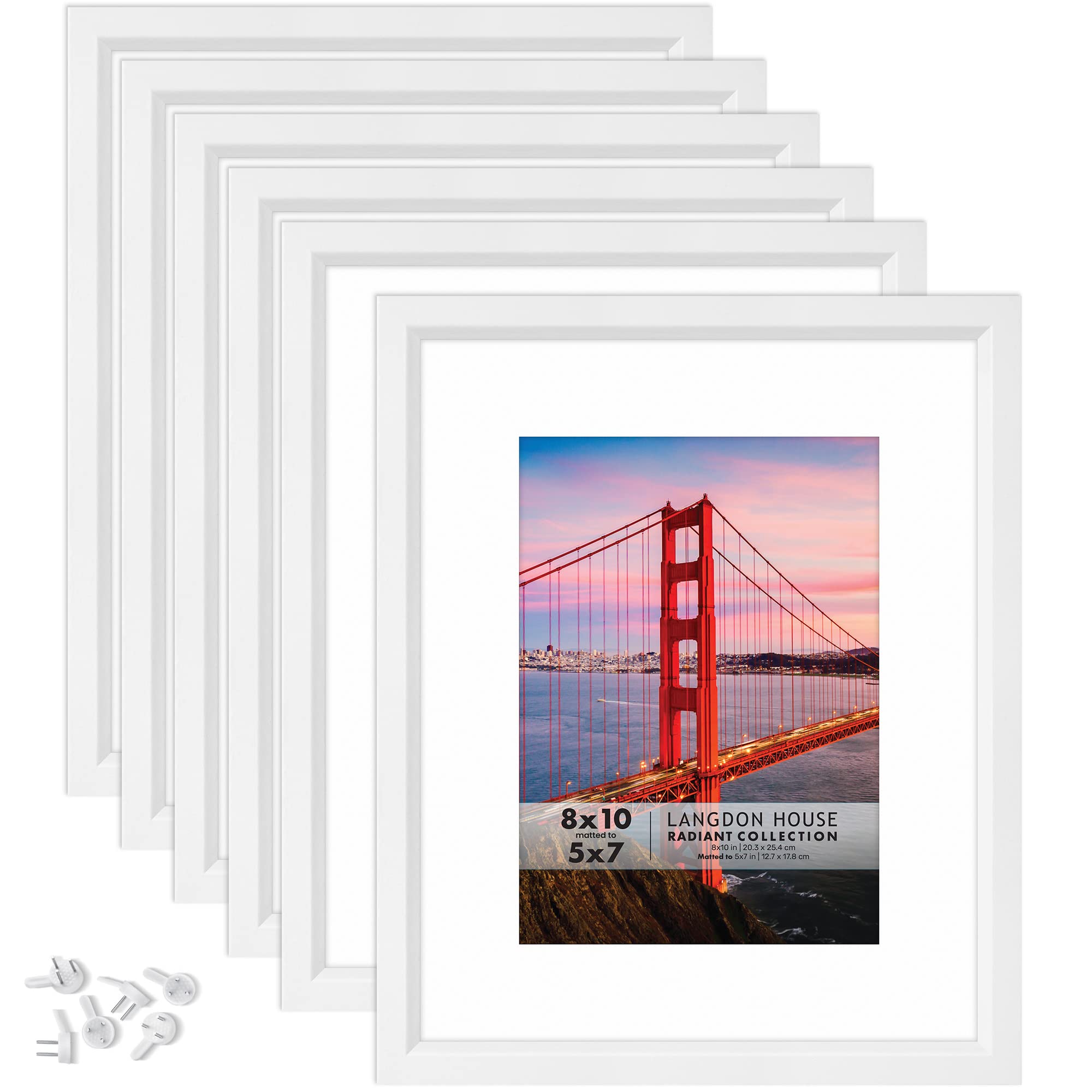 Langdon House 10x8 Picture Frames w/Mat to 7x5 (White, 6 Pack), Modern w/Bevelled Accent, Tabletop Easel and Wall Hanging Hooks Included, Radiant Collection