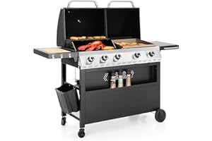 Captiva Designs Propane Gas Griddle Grill Combo with Porcelain-Enameled Cast Iron Grate & Cast Iron Pan, Dual BBQ Grill With Flat Top Griddle for Outdoor Kitchen & Backyard Barbecue,696 SQIN Cook Area