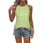 BLENCOT Casual Crochet Knit Tanks Tops for Women Sleeveless Eyelet Textured Solid Color Halter Neck T Shirts Top Blouse