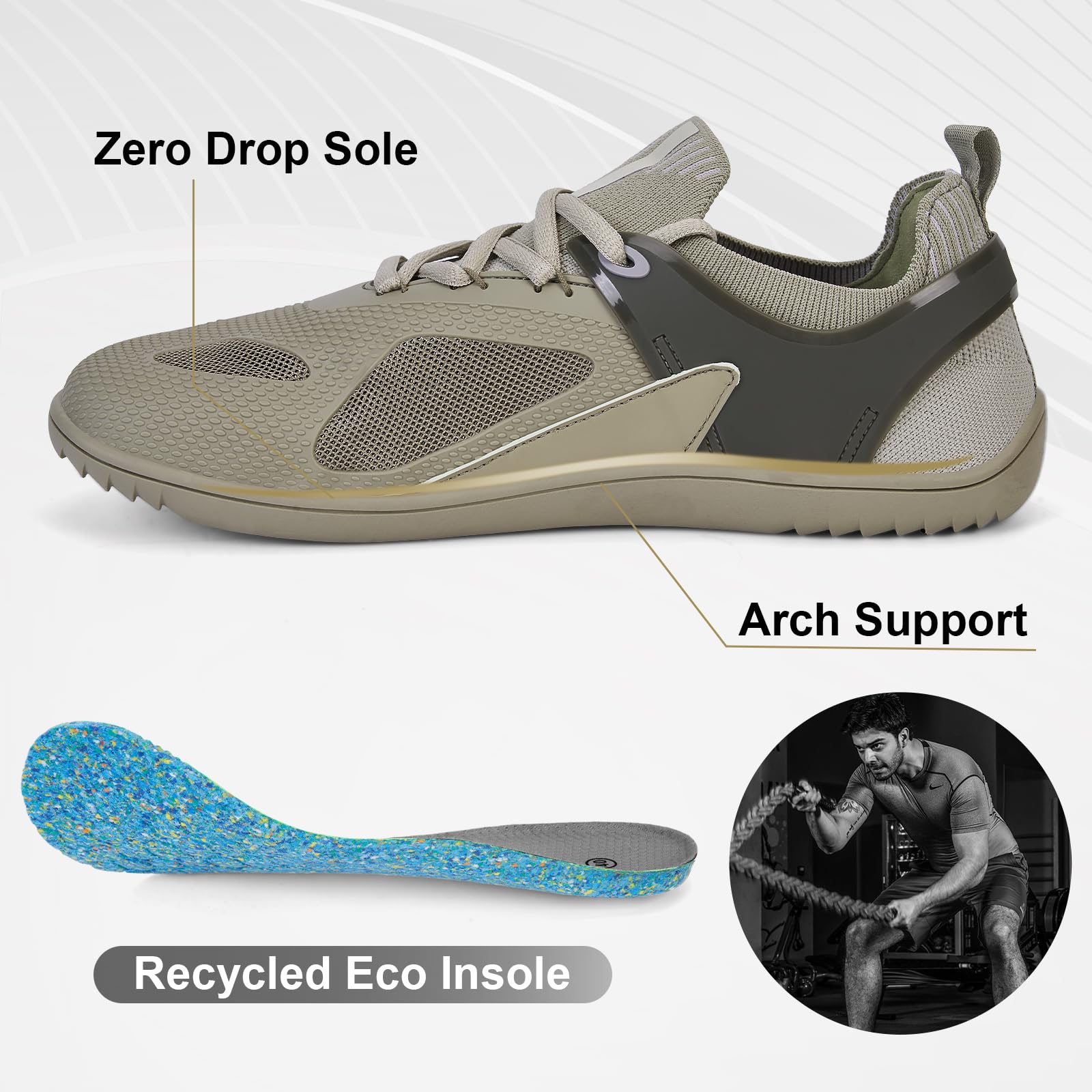 HiGropcore Barefoot Shoes for Men Wide Toe Box Zero Drop Arch Support Minimalist Gym Shoes Fashion Deadlift Cross Training Sneakers Green