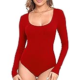 Roselux Womens Scoop Neck Long Sleeve Ribbed Knit Bodysuits Stretchy Basic T Shirt Body Suit Tops