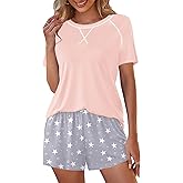 SWOMOG Womens Pajama Sets 2 Piece Lounge Set Short Sleeve Tops and Shorts Soft Sleepwear Cute Floral & Plaid Print PJs
