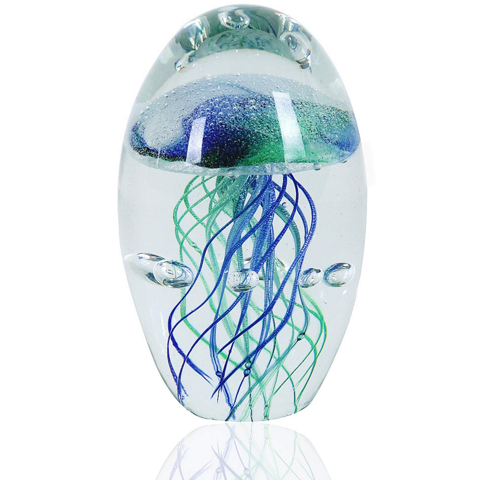 EUSTUMA Hand Blown Glass Jellyfish Figurine Ornament,Sea Animal Ornament for Fish Tank Aquarium,Sea Animals Collection for Birthday Gift,Glass Paperweight (Blue-green jellyfish)