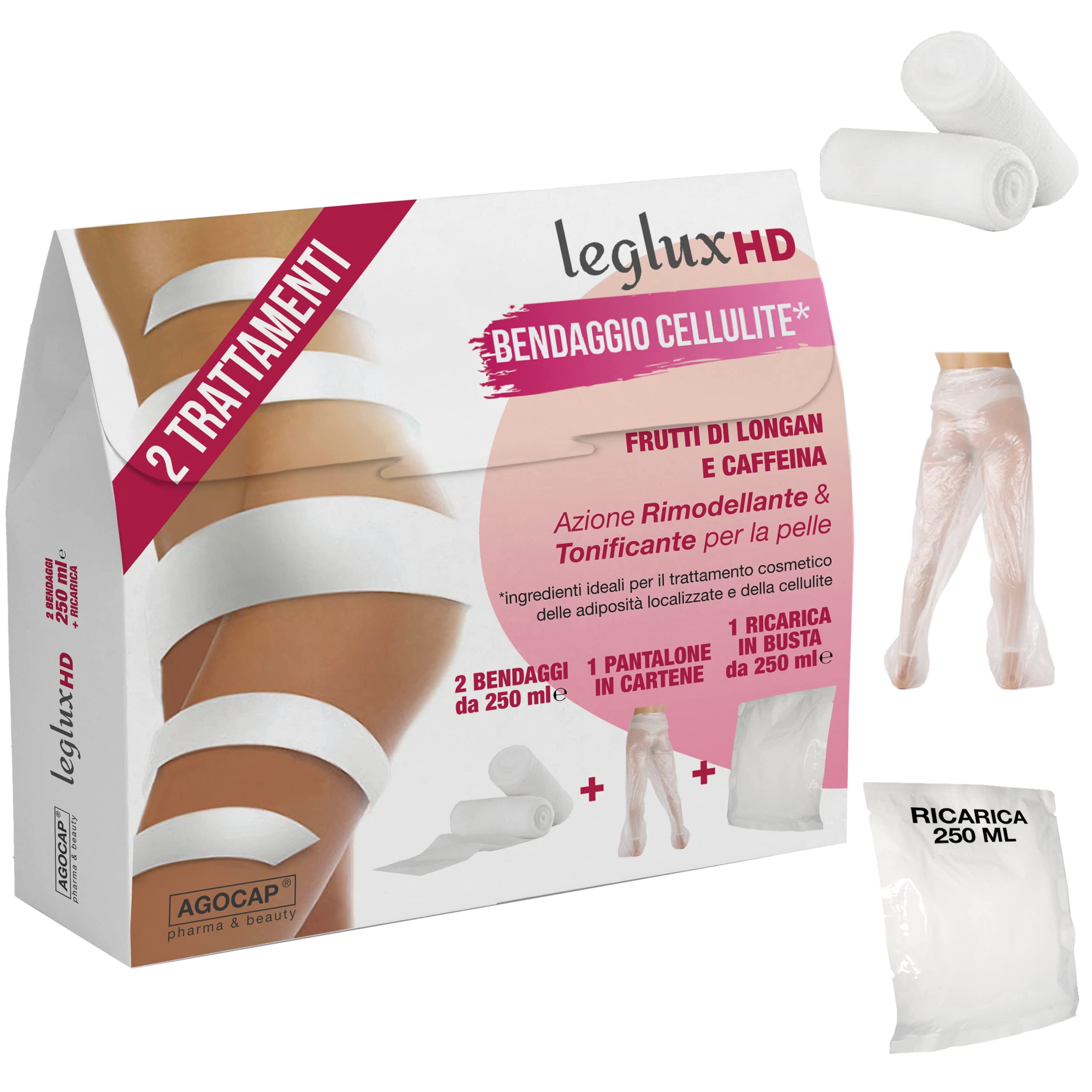 Draining Bandages Legs HD, with Longan fruits and Caffeine. Remodeling and toning action. 2 draining bandages with 250 ml active ingredient + FREE cartene pants + CHARGING