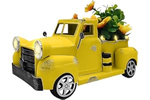 FLEECY DAY Christmas Truck Vintage Truck Decor,Christmas Truck Decorations, Farmhouse Car with Lamp,Little Cute Metal Car Gift Pickup Truck Model for Home Decoration Table Decoration & Tabletop Storage (yellow)