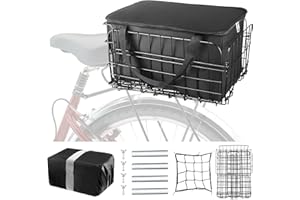 HUIMPET Folding Rear Bike Basket, Metal Bicycle Basket with Removable PU Liner Bag, Quick Release Design Basket Water-Resistant Cover, Cargo Net Fits for Rear Bike Rack, Women/Men Carrying Dogs, Pets, Fruit