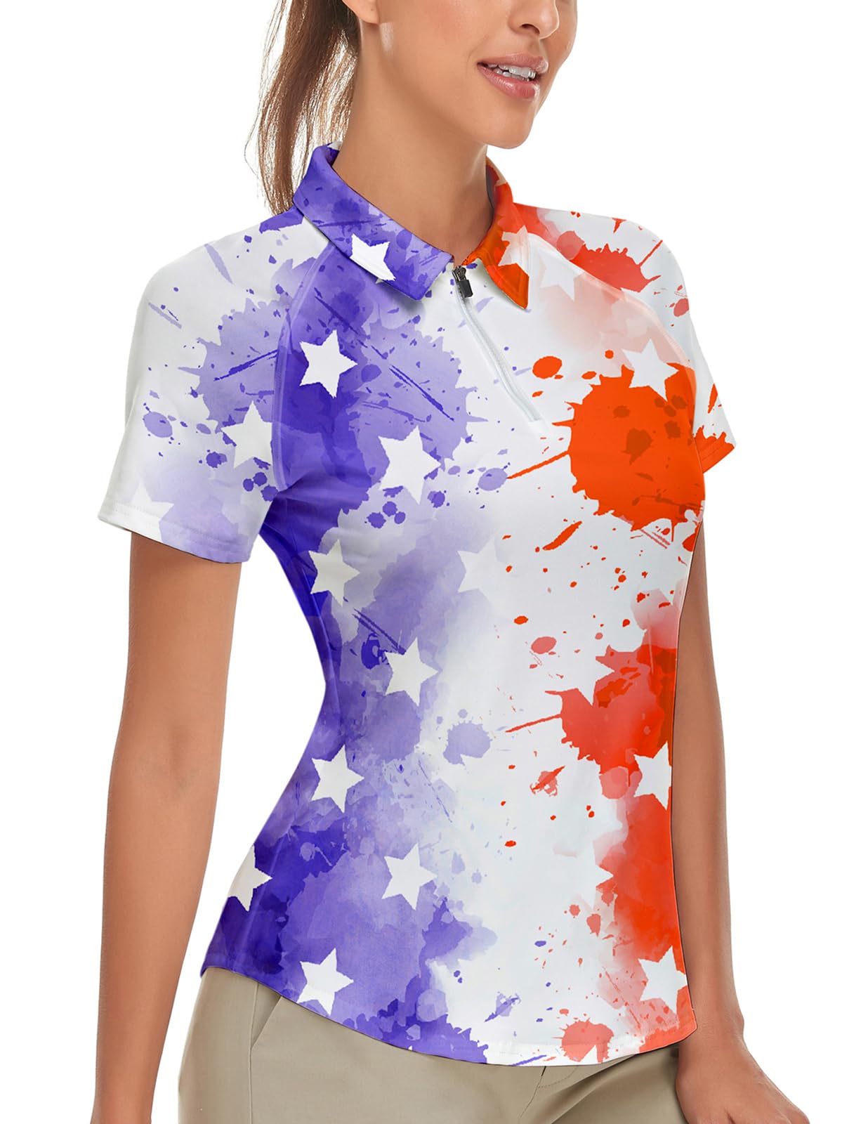 Women's Golf Polo - July 4th American Flag Half Zip Printed Collared Shirts for Women Image