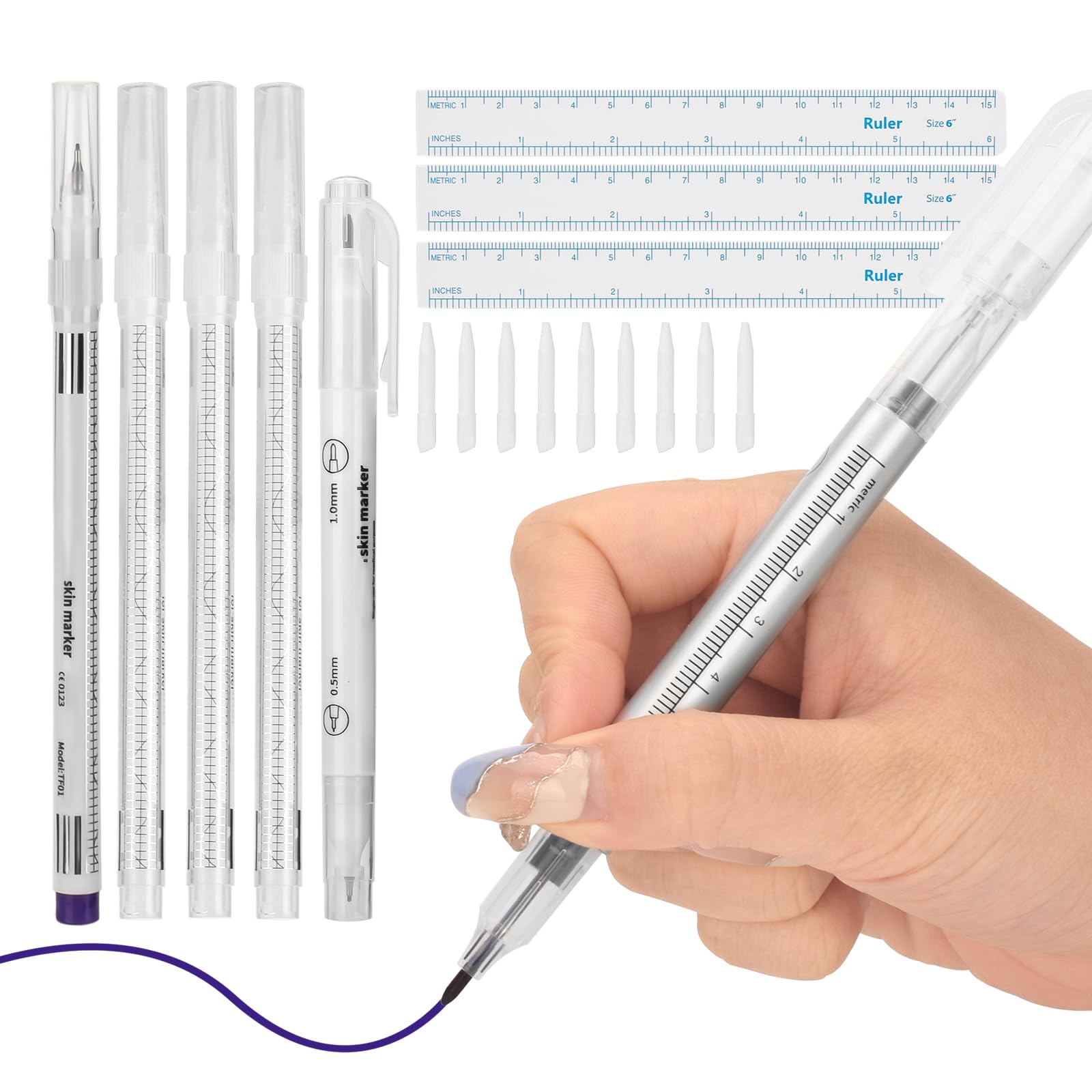 ATOMUS Marker Pen for Tattoo Microblading Eyebrow Reshaping with 0.5mm & 1.0mm Tips, Non-Toxic Ink, Multi-Function Positioning Mark, Erase Pen Included