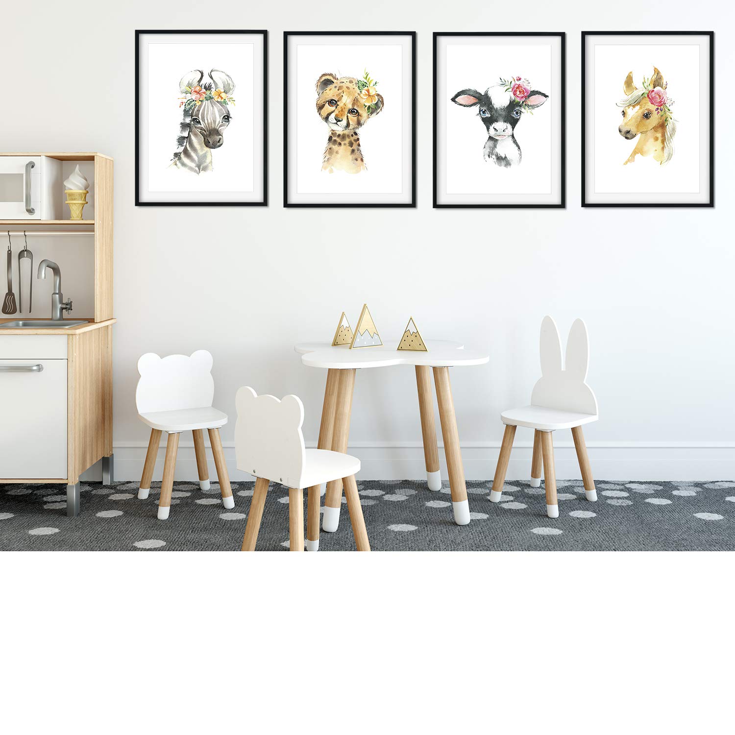 Nacnic Set of 4 posters for children and children's room Scandinavian style with flowers A3Animales size unframed