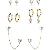 FANZE 5PCS Cubic Zirconia Stud Earrings Gold Sliver Chain Hoop Earring Sets for Women Hypoallergenic Dainty Jewelry for Multiple Piercing