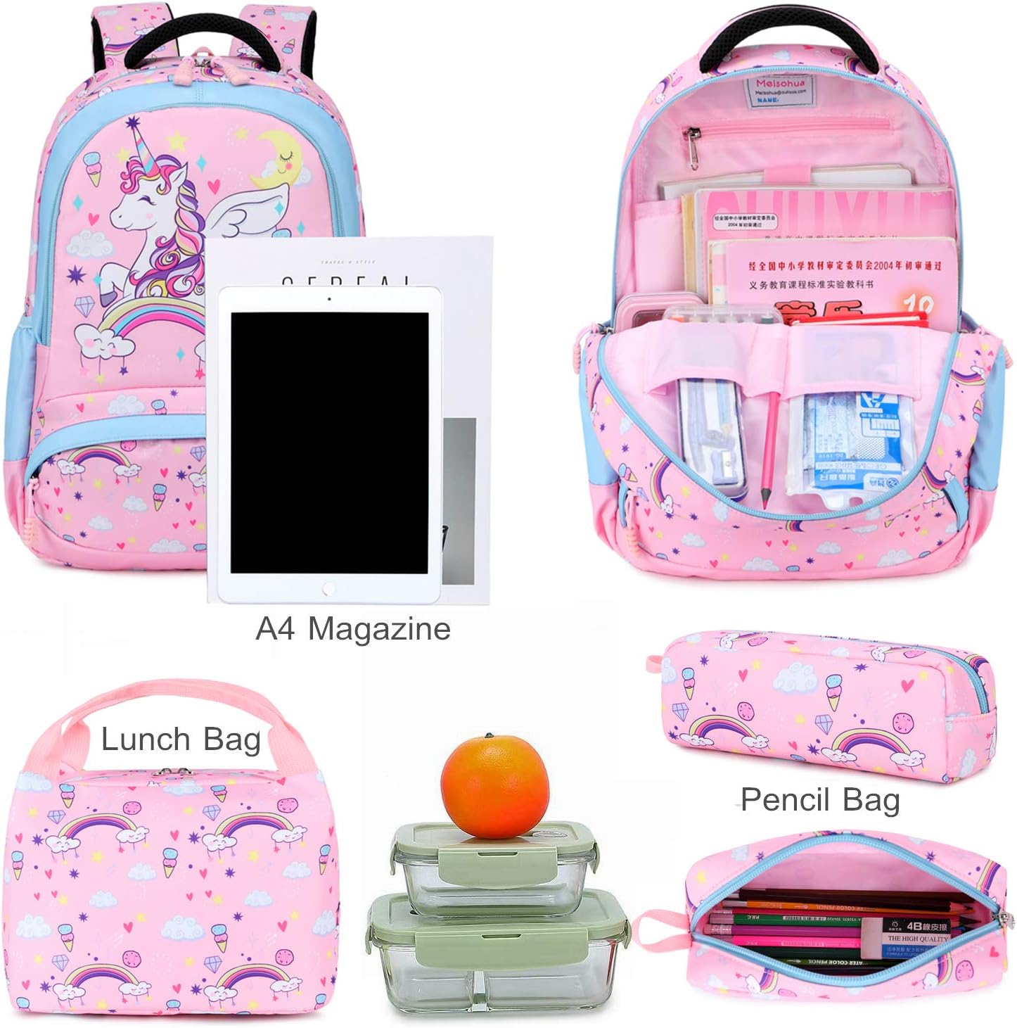 School Bags for Girls - Lightweight Unicorn Backpack Cute School Backpacks for Teengirls with Lunch Bag and Pencil Bag 3 Packs - Pink - Image 3