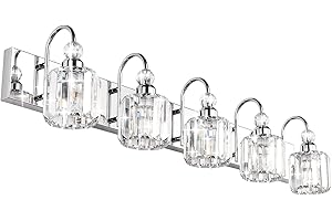 Ralbay Modern LED Crystal Bathroom Vanity Lights 5-Lights Stainless Steel Crystal Vanity Lights Over Mirror Modern Crystal Bathroom Vanity Lighting Fixtures