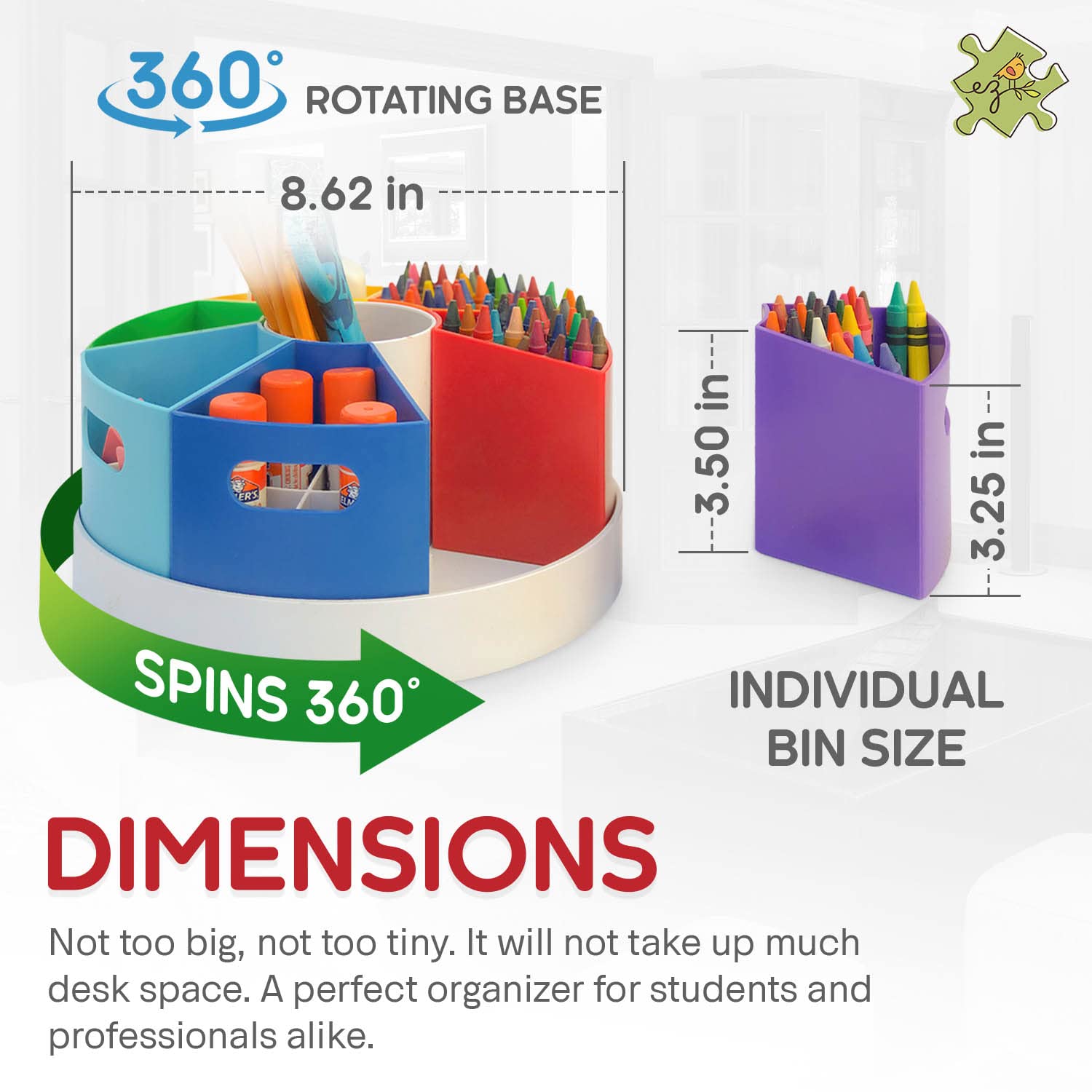 PUZZLE EZ Kids Crayon Organizer and Storage - Lazy Susan School Art Supplies Caddy for Classroom | Rotating Kids Desk Organizer | Pencil Marker Stationary Holder for Teachers & Students