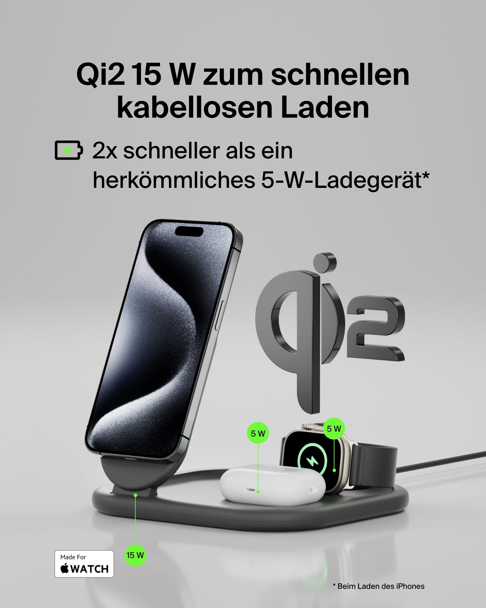 Belkin BoostCharge Ladegerät induktive 3-in-1 Ladestation Qi2, 15 W, klappbar MagSafe-kompatibles Ständer für Apple iPhone 17, Air, Pixelsnap, Apple Watch, AirPods, mit Netzteil – Schwarz 2