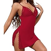 XJG Women Lingerie V Neck Sexy Nightgown Lace Trim Sleep Dress with Side Slit Night Gowns Soft Loungewear Sleepwear