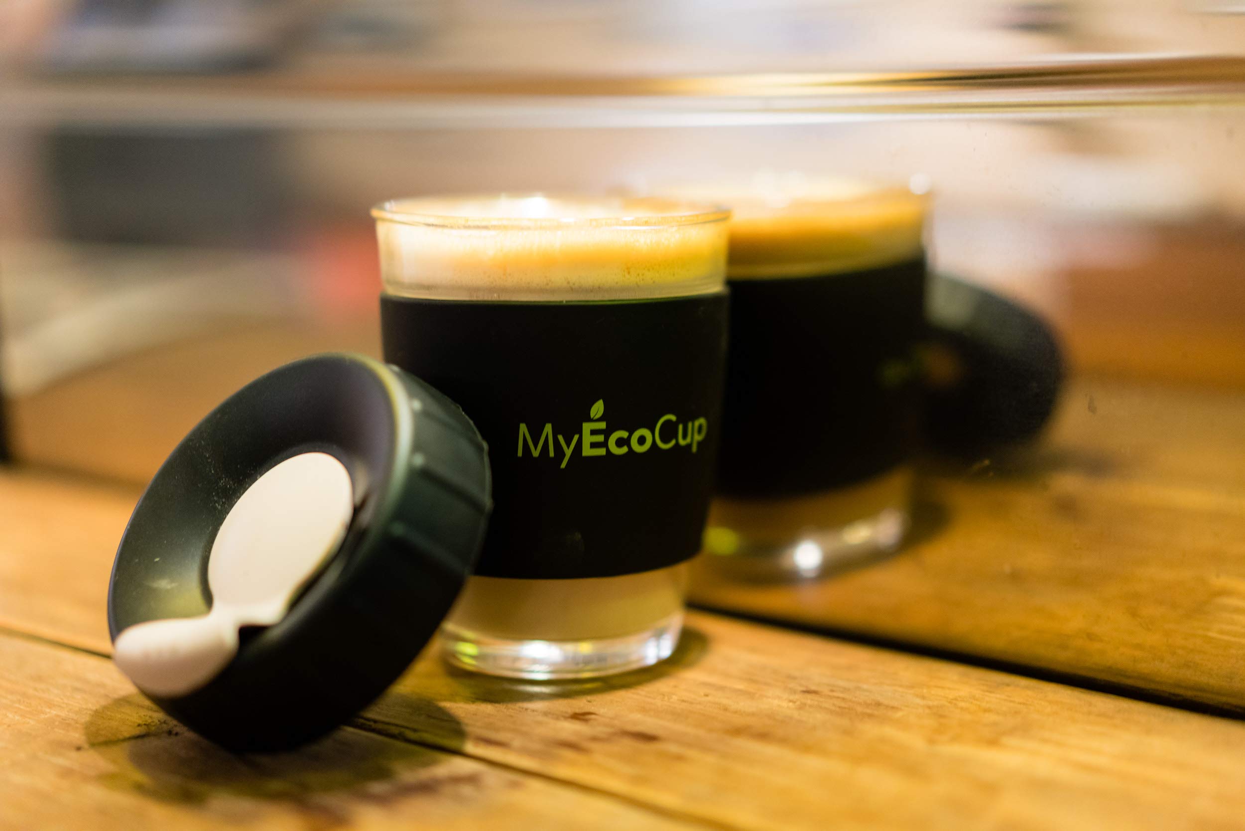 MyEcoCup Eco Friendly Glass Coffee Cups 12oz. Reusable Travel Mug & Portable Keep Cup for Tea, Latte, Americano & Iced Drinks! Take Away Mugs Include Smart Slip & Secure Lids with Insulated Handle - Black