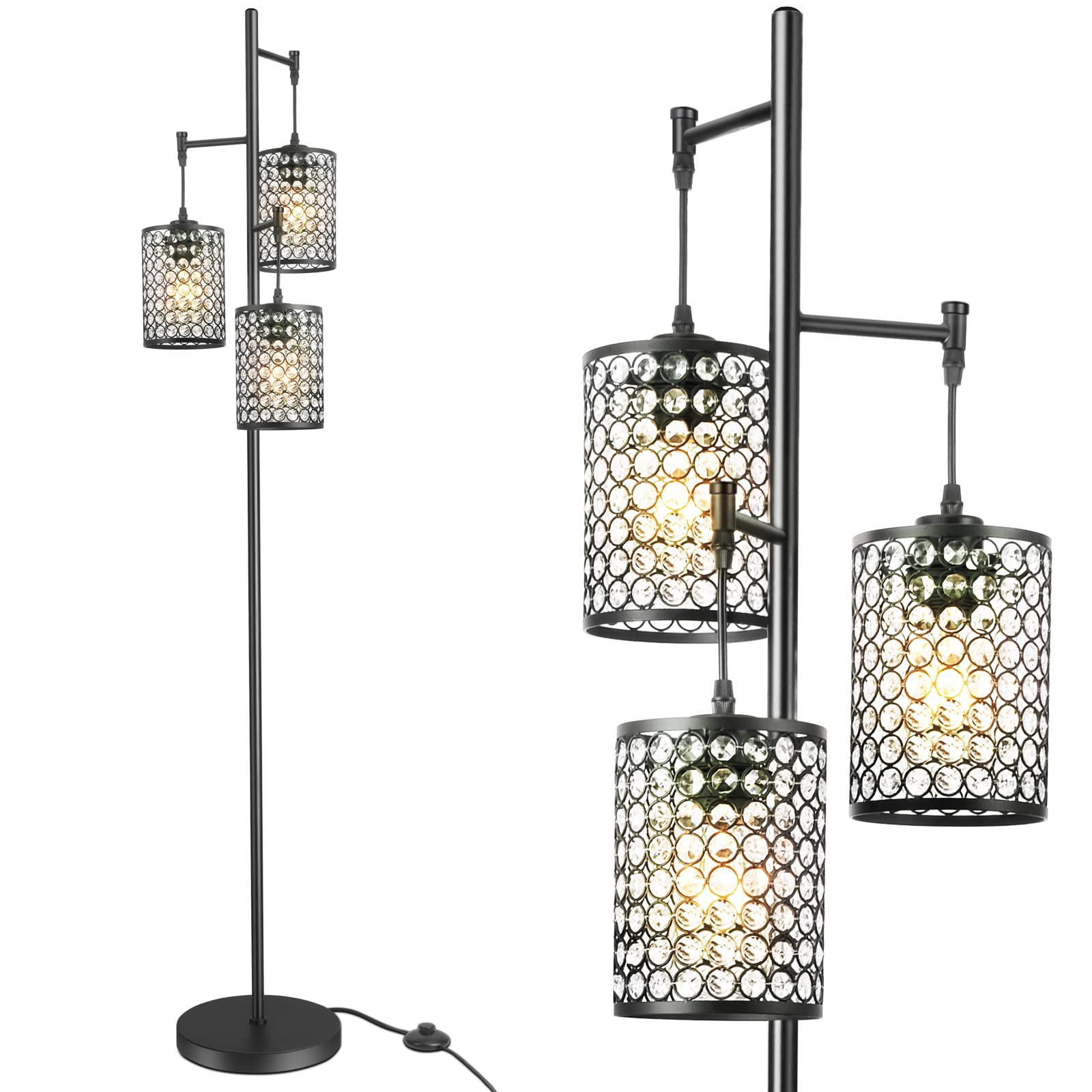 Photo 1 of EE Eleven Master Modern 3-Light Tree Floor Lamp for Living Room Crystal Standing Lamp with On/Off Switch Elegant Black Pole Light for Bedrooms Office Hotel