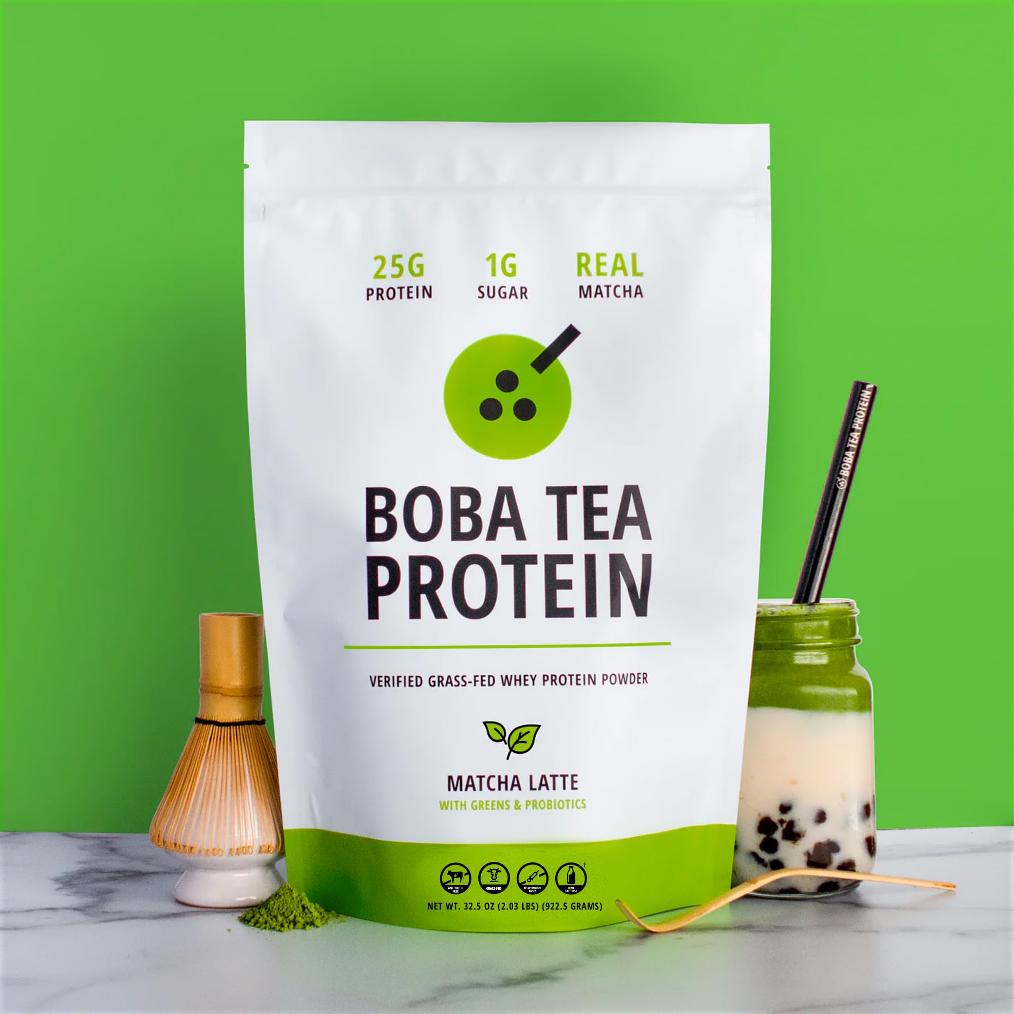 Boba Tea Protein Matcha Latte | 25g Grass-Fed Whey Protein Isolate Powder | Gluten-Free & Soy-Free Bubble Tea Protein Drink | Real Ingredients & Lactose-Free Protein Drink | 25 Servings