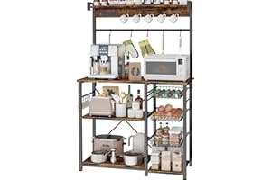 Kalrin Large Bakers Rack with Power Outlets, 15 Hooks Coffee Bar with 3 Wire Basket, Microwave Stand Kitchen Storage Shelf for Spices, Cups, Pots, 38.8 x 16.3 x 62.2 Inches, Rustic Brown