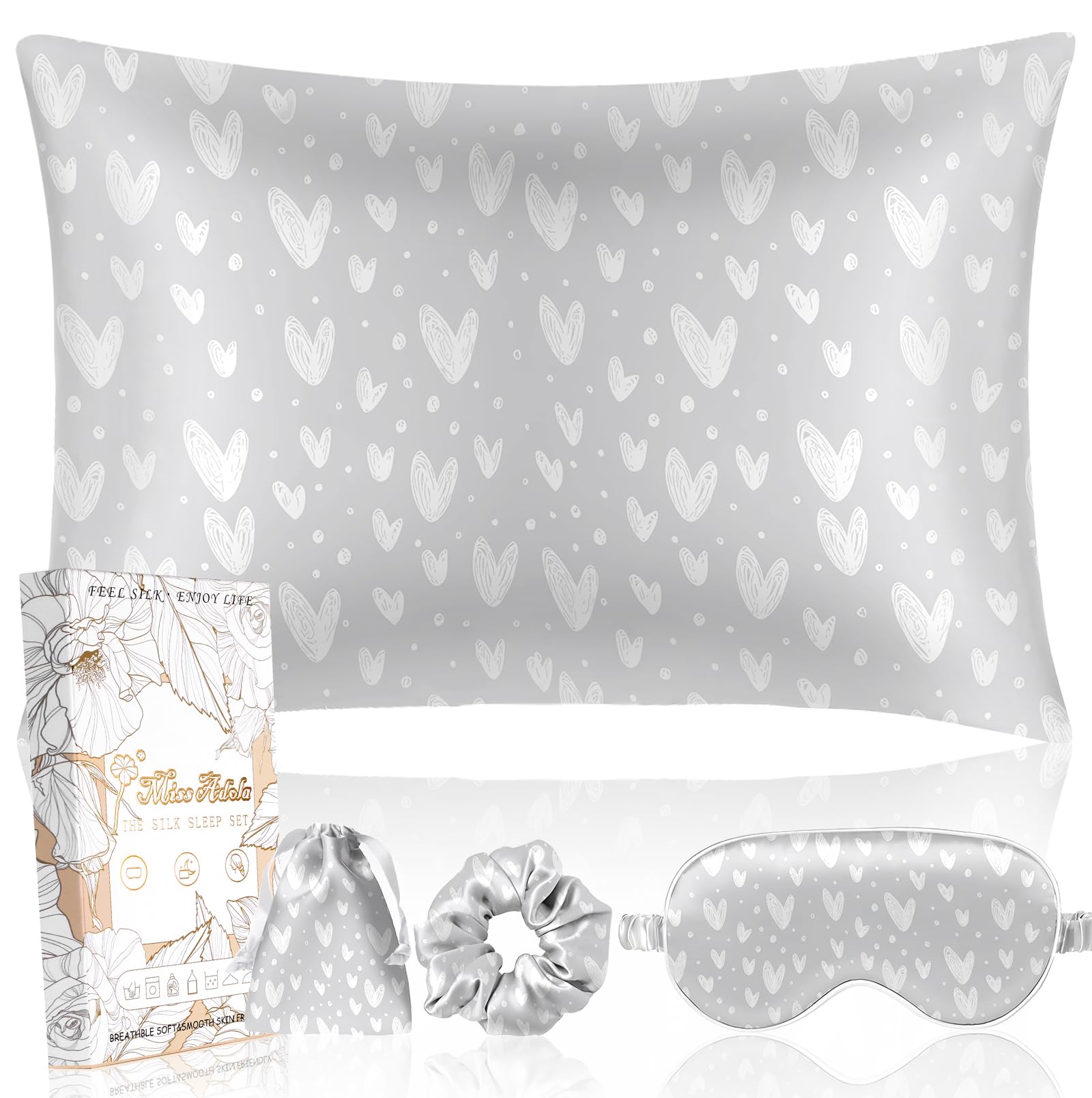 Miss Adola Mulberry Silk Pillow Case for Hair and Skin 19 Momme Standard 26"x20" Grey Satin Pillowcase with Eye Mask & Scrunchie Soft Satin Pillowcase Sleeping Gifts for Moms, Women
