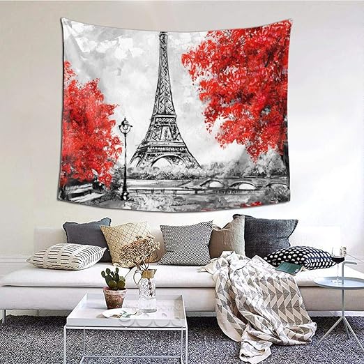 Amazon Com N W Black Eiffel Tower And Red Tree Tapestry European City Landscape Oil Painting Tapestry Wall Hanging For Home Decor Wall Hanging Living Room Bedroom Dorm 60 X 51 Inches Home Kitchen