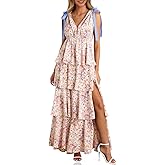 Wenrine Womens Summer Floral Maxi Dress Tie Strap Sleeveless V Neck High Slit Boho Ruffle Tiered Beach Dresses