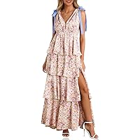 Wenrine Women's Summer Smocked Midi Dress – V-Neck Cap Sleeve With Side Slit & Pockets, Flowy Long Dress For Casual Wear - View #9