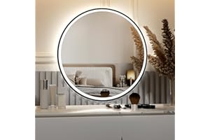 furduzz Round LED Bathroom Mirror with Black Frame, 28 Inch Vanity Mirror with Lights, Illuminated Wall Mounted Mirror with A