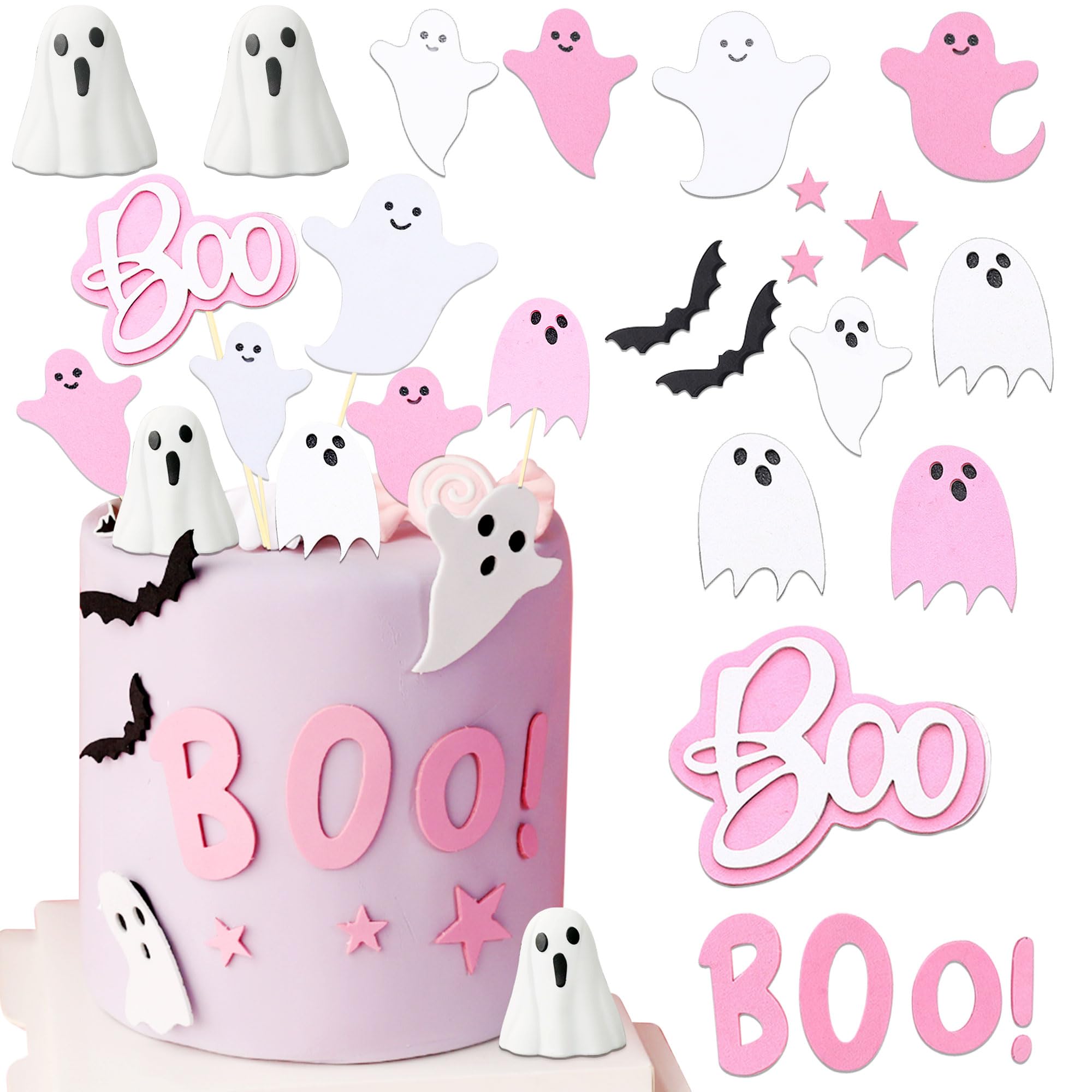 JeVenis Spooky Boo Cake Topper Pink Halloween Cupcake Toppers Pink Halloween Party Supplies Little Boo Ghost Cake Decoration