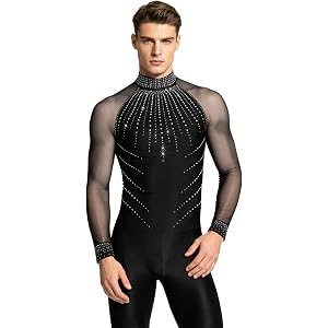 YOOJOO Men Figure Skating Leotard Sparkly Rhinestones Long Sleeve Latin Salsa Dance Performance Shirt
