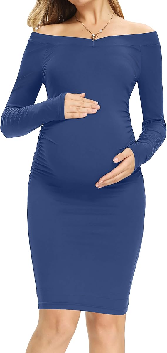 Maternity Bodycon Dress Long Sleeve Ruched Casual Sides Knee Length