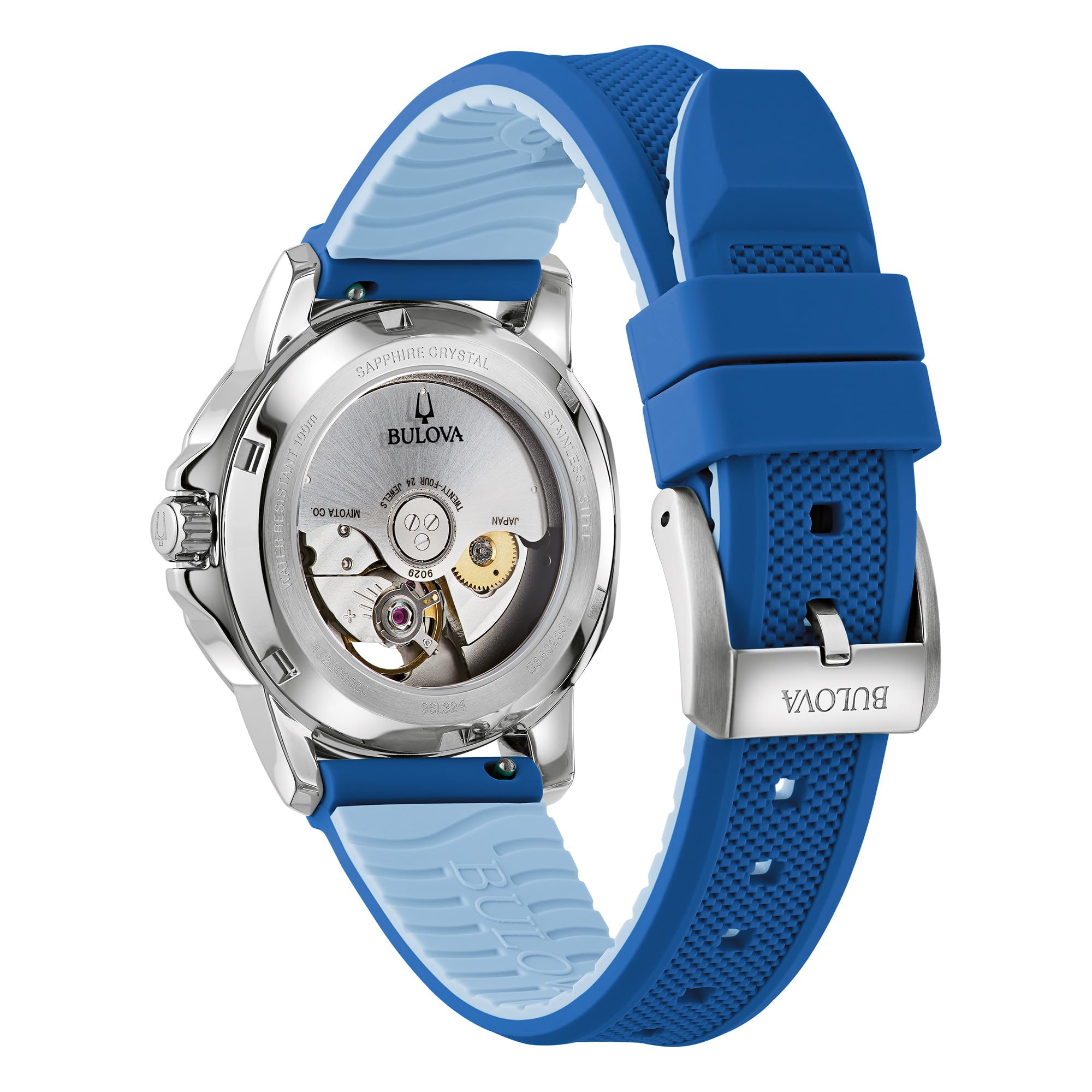 Bulova Ladies' Marine Star Automatic Stainless Steel Case and Blue Silicone Strap, Mother of Pear Dial Style:96l324