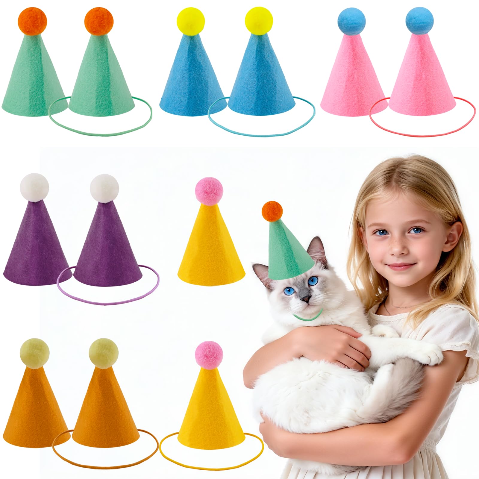 Morofme 12Pcs Cone Party Hats 6 Colors with Pom Poms, Non-Woven Fabric Party Hats for Kids With Reusable, Birthday Hat for Adults Kids Pets Dolls Birthday Party Decorations Celebrations