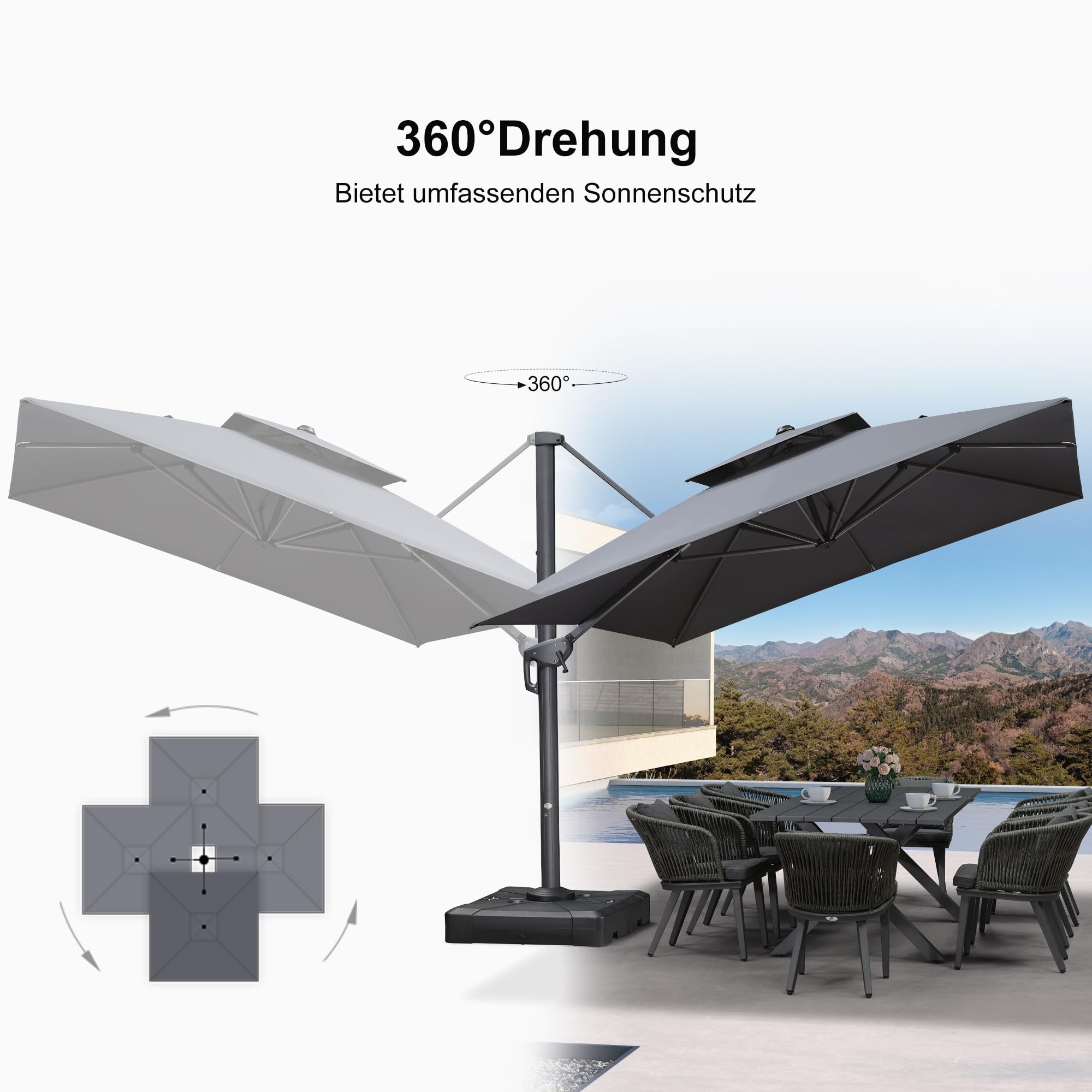 PURPLE LEAF Sonnenschirm Rechteckig 300 x 400 cm Ampelschirm Groß 360°Rotation, Gartenschirm mit kurbel Doppeldach, Marktschirm Wasserabweisend Windfest für Garden Deck Schwimmbad, Grau 6