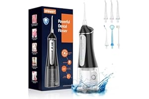GRINEST Water Dental Flosser Cordless for Teeth Cleaning: Dental Oral Irrigator 4 Modes 5 Jet Tips 320ML Rechargeable IPX 7 Waterproof Portable Teeth Cleaner for Home Trave (Black)