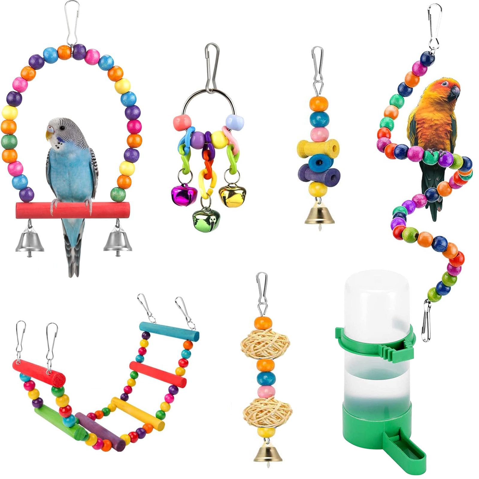 QIODAZOO Parrot Toys Bird Toy, 7 Packs Bird Chewing Toys Drinking Toy for African Grey Parrot, Macaws, Cockatoos & Lovelybirds