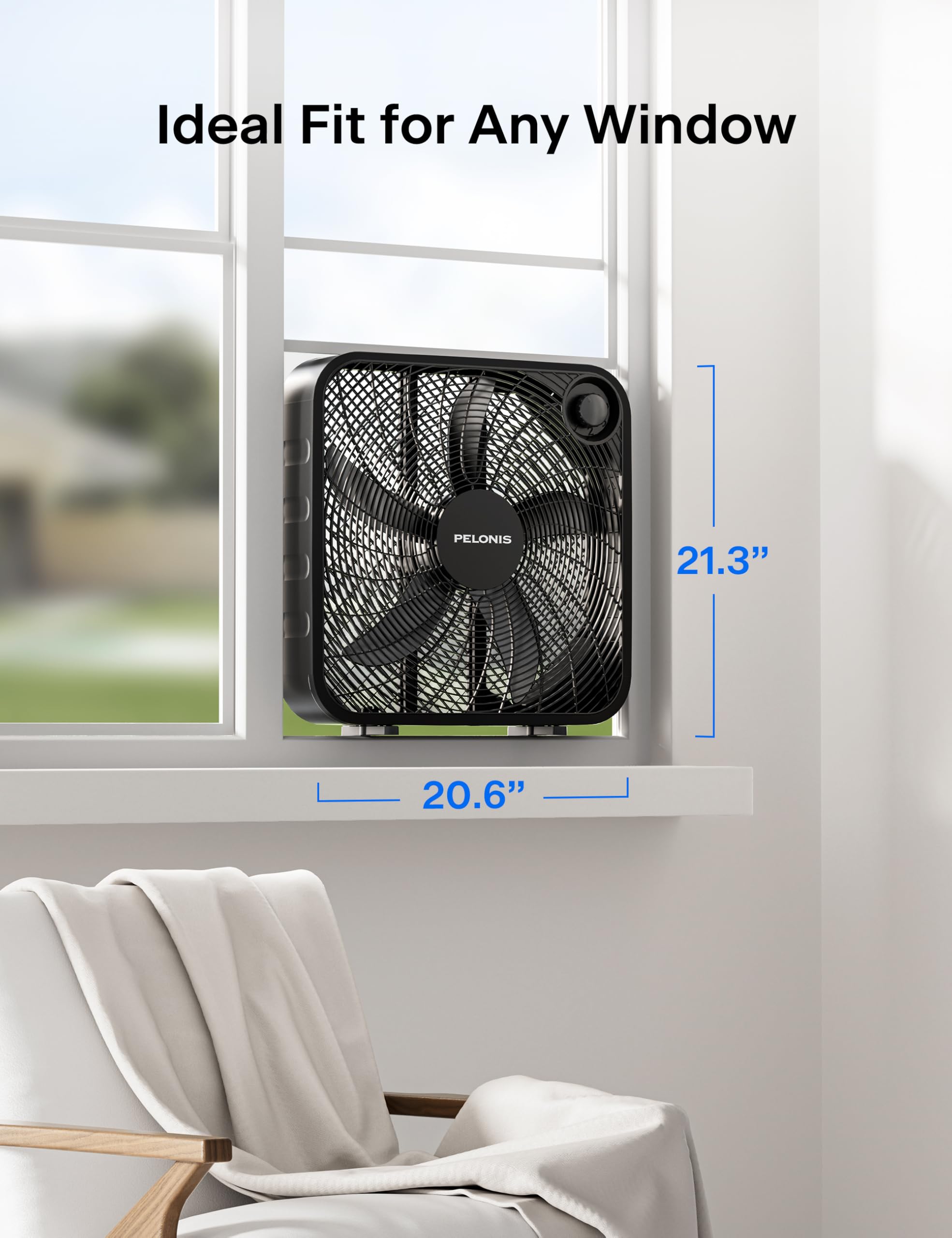 PELONIS 20 Inch Box Fan – 3 Speeds, Window Fans, Floor or Tabletop, 25ft/s, 2025 Upgraded, Superior Air Throw (2295 CFM), Lightweight, 5 Blades, Fans for Bedroom, Office, Living Room, Garage