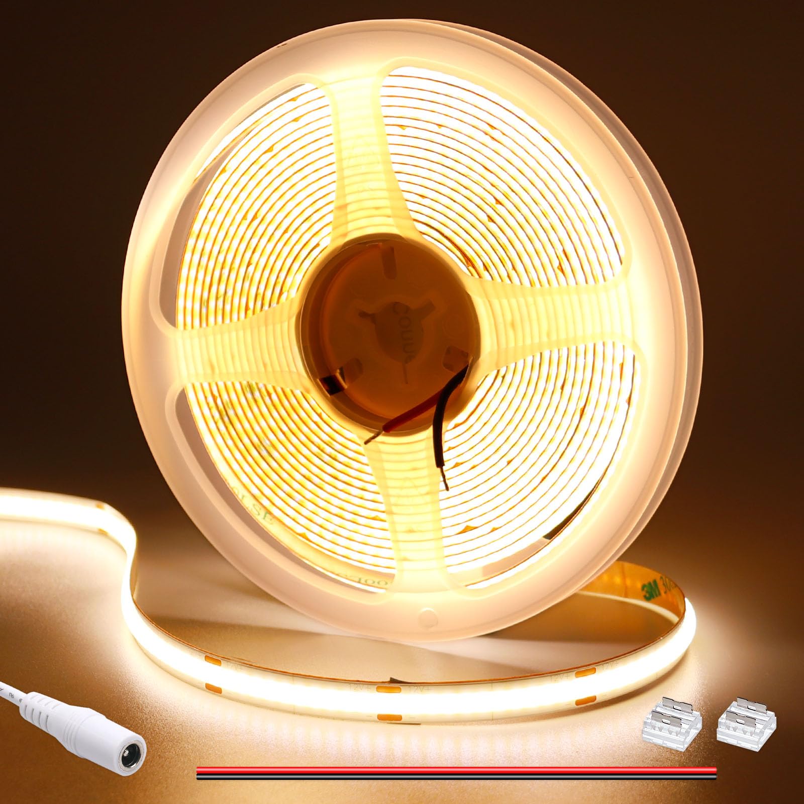 GOMING DC 12V COB LED Strip Light Warm White 3000K 16.4ft(5M) CRI 93+ Uniform Glow 312LEDs/M Flexible Not Waterproof IP20 LED Tape Lights for DIY Bedroom Kitchen Home Decor(No Power Supply)