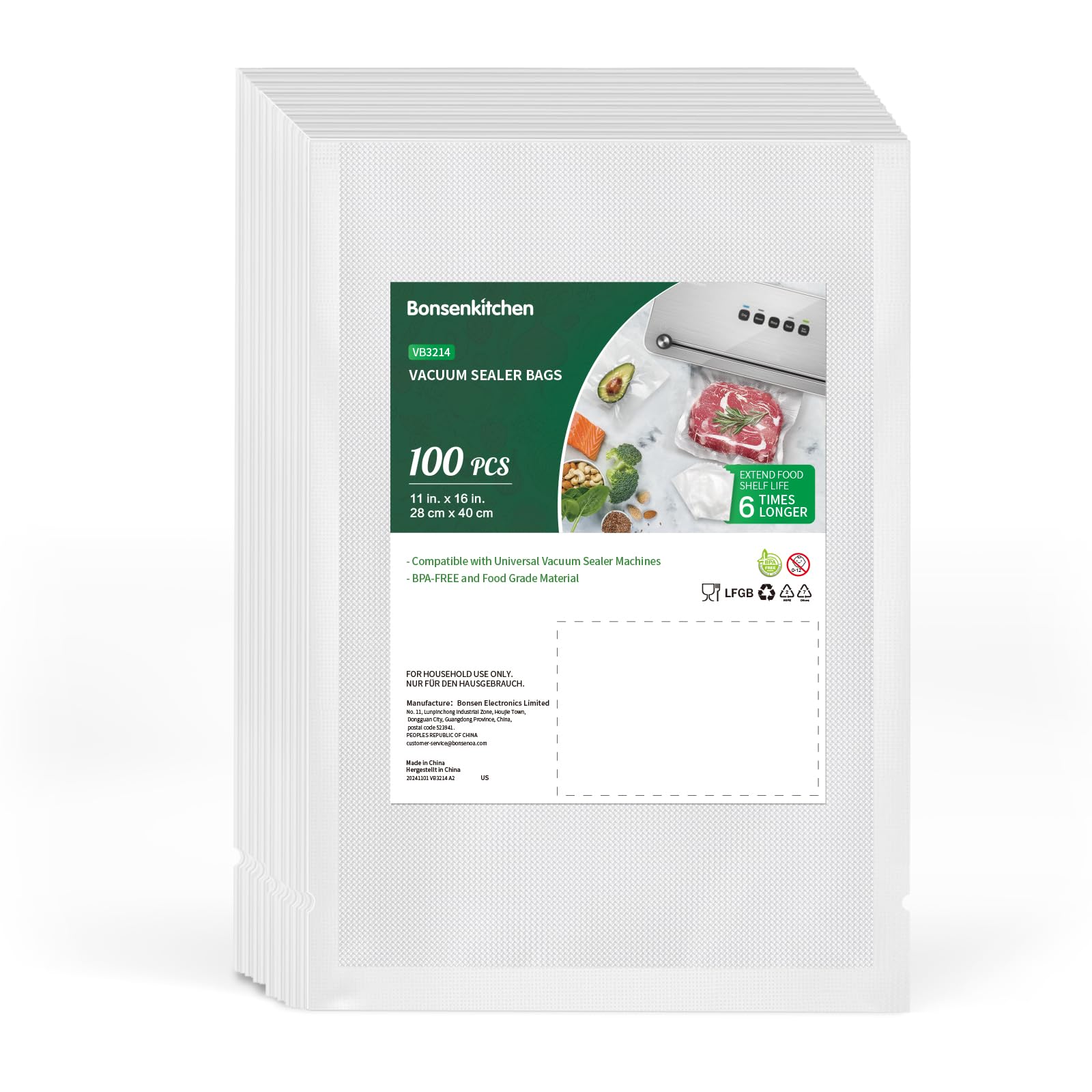 Photo 1 of Bonsenkitchen Precut Vacuum Sealer Bags, 100 Gallon 11" x 16" Food Sealer Bags, Food Grade, BPA Free, Heavy Duty, Customized Vacuum Bags for Vac Storage, Meal Prep or Sous Vide Cooking, VB3214