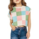 Haloumoning Girls Summer Crop Tops Color Block Vest Cute Tanks Cap Sleeve Tee Loose Kids Knit Top 5-14 Years