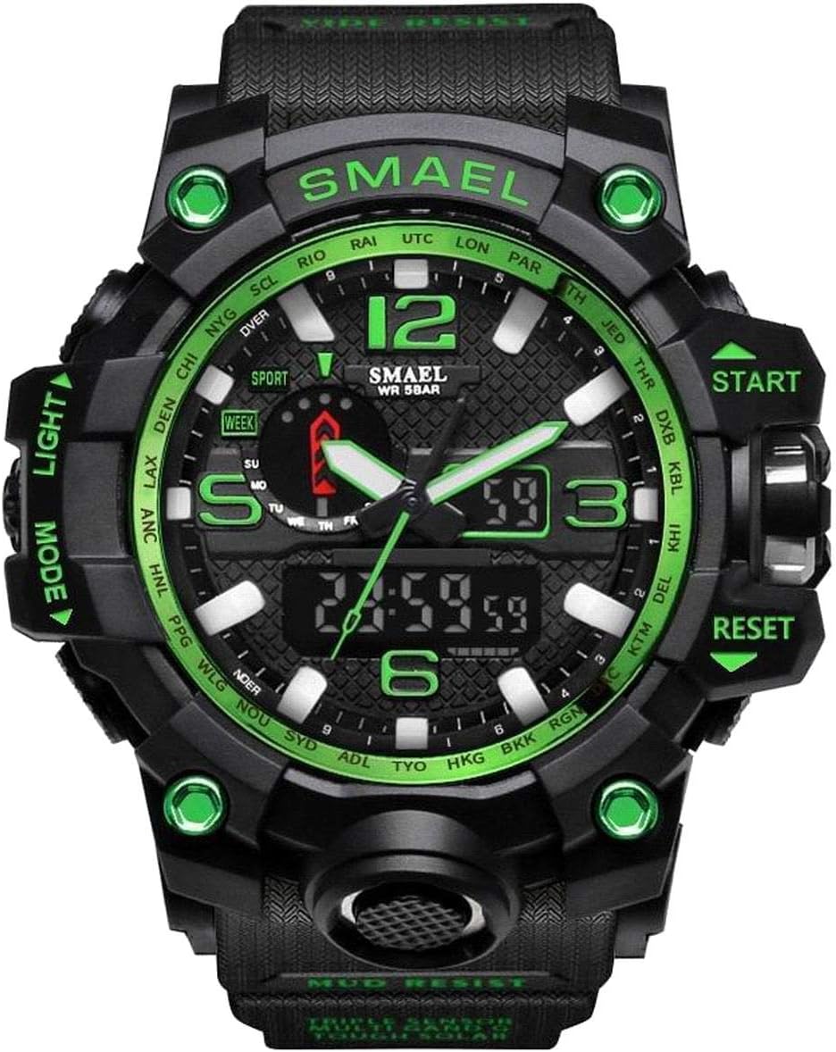 SMAEL Mens Digital Sports Watch Large Face Military Watches Electronic Waterproof Casual LED Stopwatch Alarm Digital Analog Dual Time Outdoor Army Wristwatch