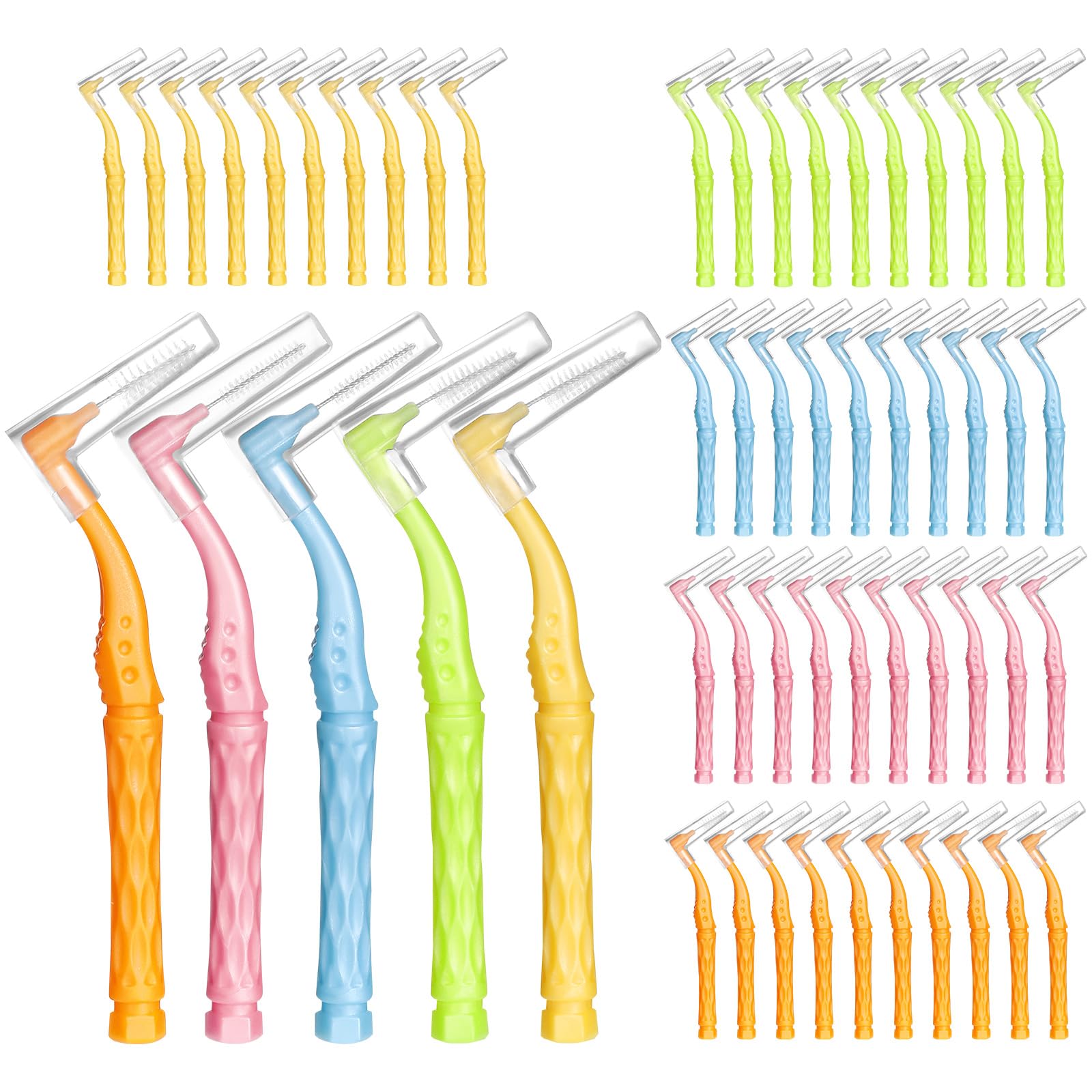 RAYITO 100 Pcs Interdental Brushes, 5 Sizes Soft Dental Brushes with Non-Slip Handle Angled Head Tooth Picks Floss Sticks Dental Floss Brushes for Braces Oral Cleaning Narrow Gaps Between Teeth