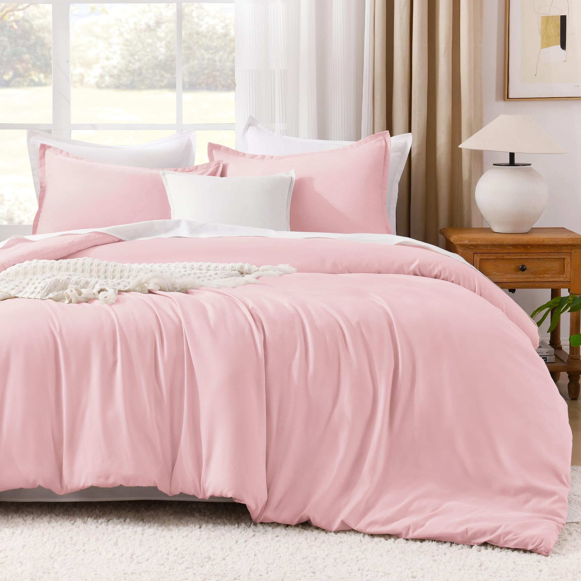 Photo 1 of Litanika Pink Comforter Set Full Size, 3 Pieces Girls Women Cute Soft Solid Bedding Comforter Set, All Season Bed Set (79x90In Comforter & 2 Pillowcases)