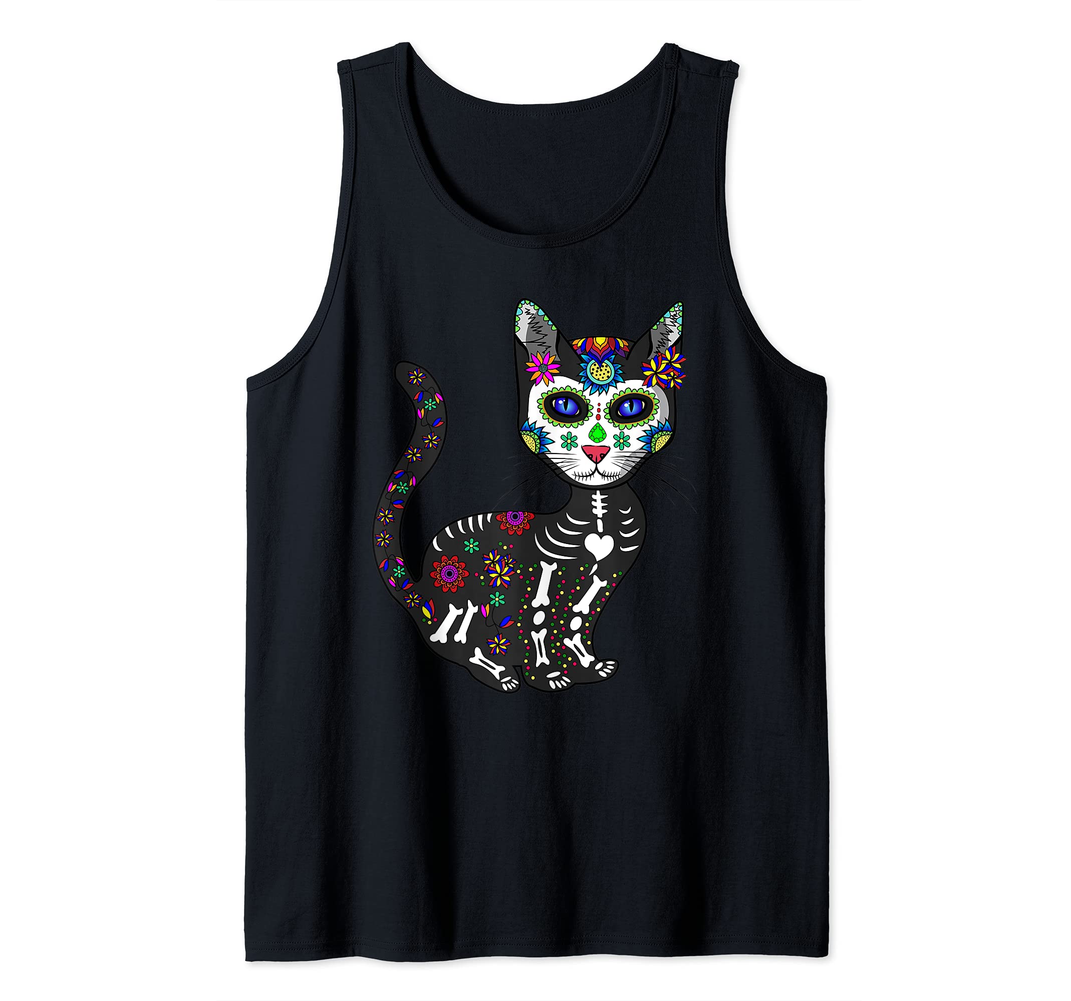 Craneo De Gato Sugar Skull Cat Halloween Dia De Los Muertos Tank Top