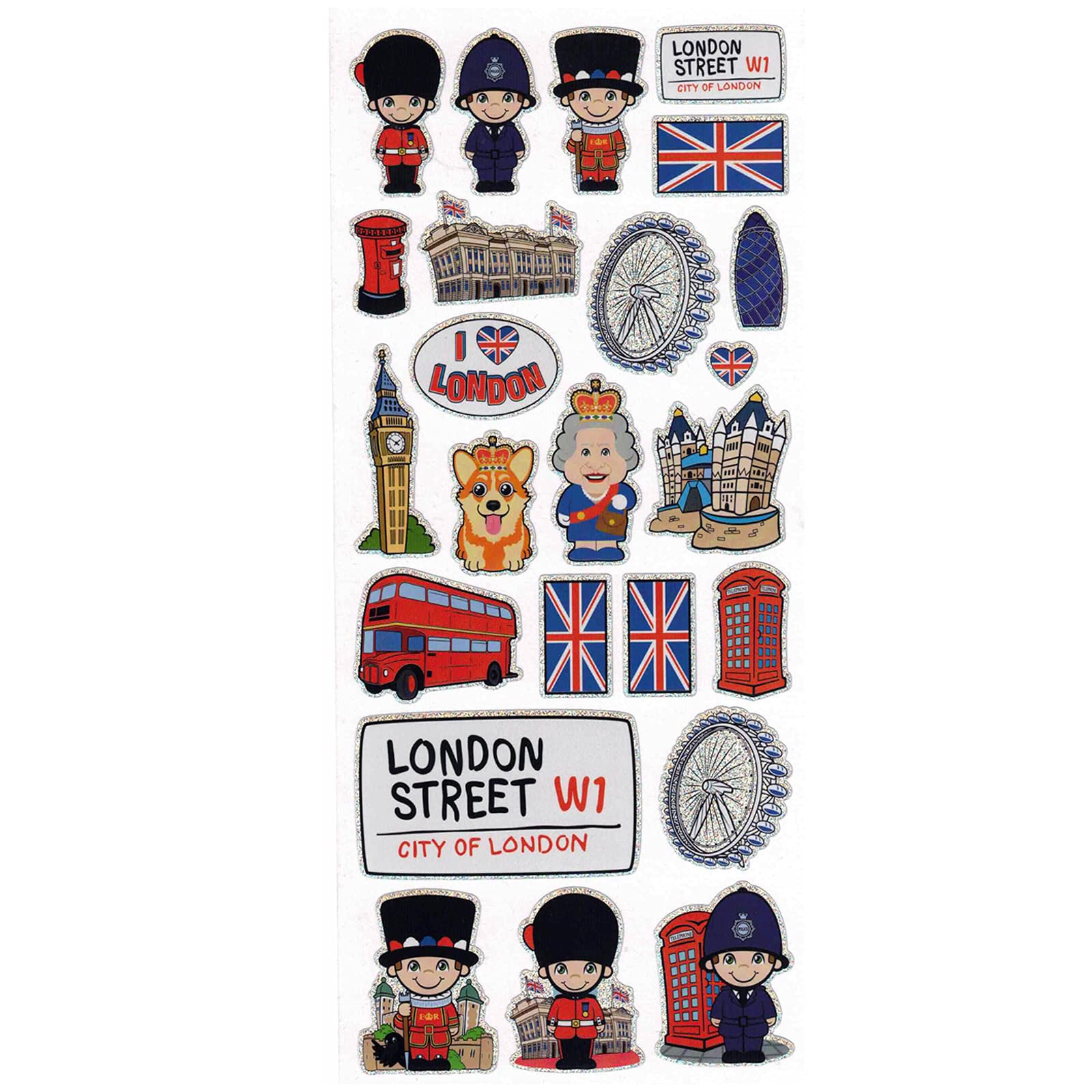 London Characters and Icons Sticker Set - Queen Elizabeth II, Corgi Dog, British Bobby, Beefeater, Royal Guard, Union Jack, Big Ben, Buckingham, Gherkin, Tower Bridge, Eye, Bus, Telephone, Post Box
