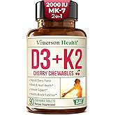 Vitamin D3 K2 Supplement – All-in-1 Support for Immune, Bone & Heart Health – Vitamin D + Vitamin K (as MK7) – K2 D3 2000IU Vitamin Supplement, 90 Natural Cherry-Flavored Chewables