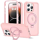 UTPPVX Compatible with iPhone 14 Pro Max Case with Magnetic Ring Stand [Compatible with Mag-Safe] [Built-in Screen Protector] Military-Grade Drop Protection Matte Translucent Phone Case, Pink